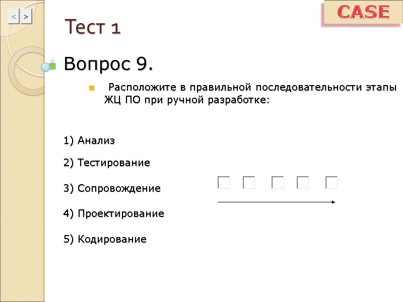 Тест 1 Вопрос 9.  Расположите в правильной последовательности этапы ЖЦ ПО при ручной